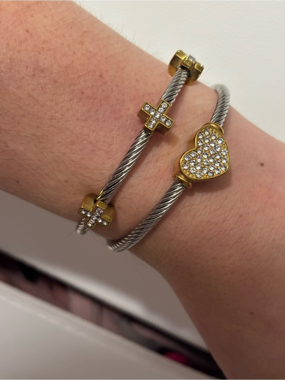 Gold & Silver Crystal Heart and Cross Cable Bracelet Set - Two tone set
